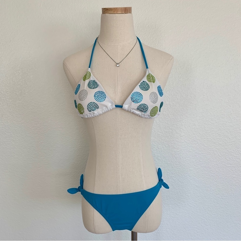 💙 NWOT VS Blue Rhinestone Crystal Dot Triangle Bikini Side-Tie Bottoms Swim Set